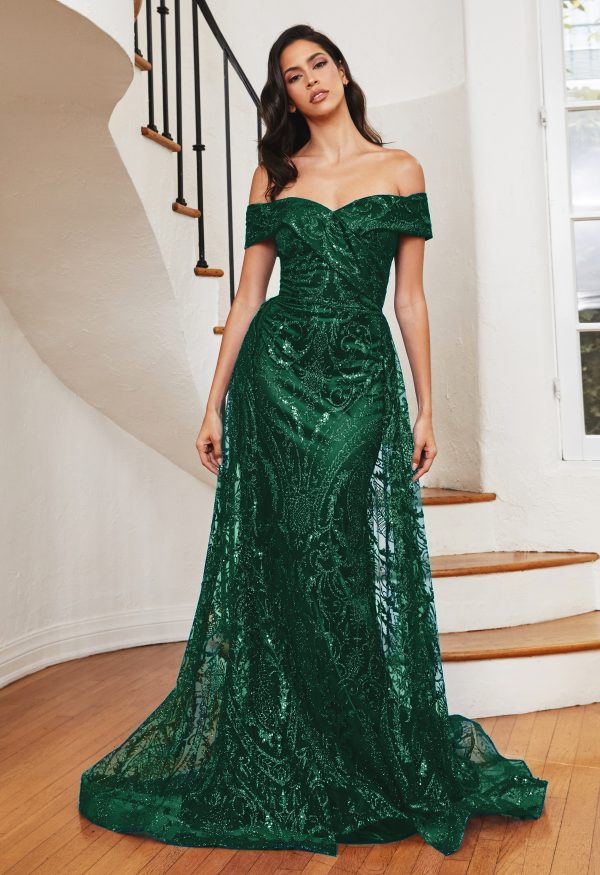 OFF THE SHOULDER LACE GOWN WITH OVER SKIRT
