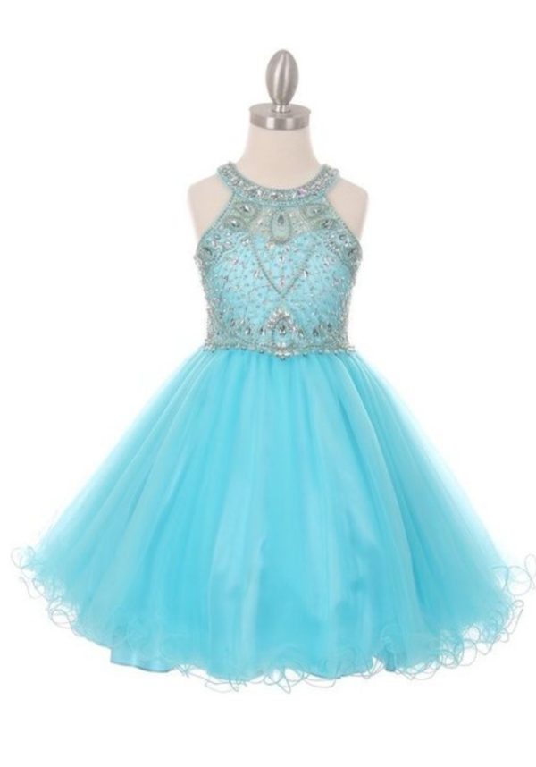 SHORT DRESS WITH PLEATED SKIRT RHINESTONE BEADED BODICE
