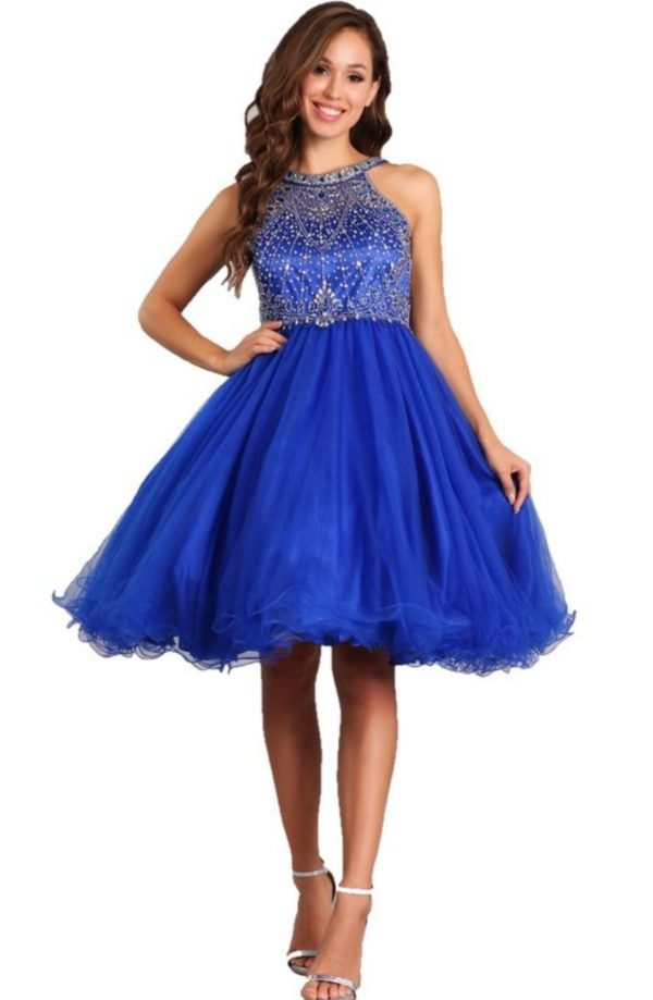 SHORT DRESS WITH PLEATED SKIRT RHINESTONE BEADED BODICE - Image 3