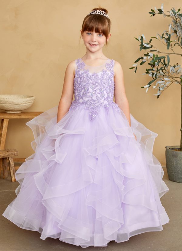 Illusion neckline with a lace applique bodice with sequins and beads