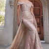 SEQUIN LACE OFF THE SHOULDER GOWN WITH OVERSKIRT