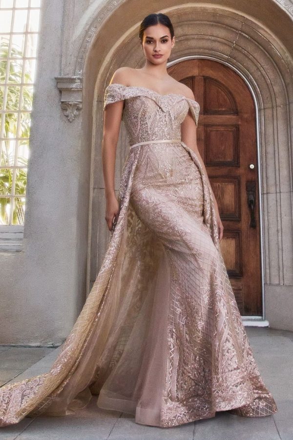SEQUIN LACE OFF THE SHOULDER GOWN WITH OVERSKIRT