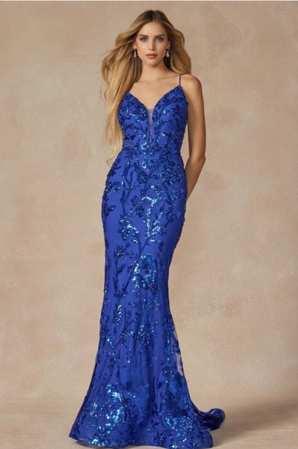 SEQUIN LACE EMBELLISHMENTS FITTED PROM GOWN