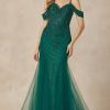 LONG FULLY MESH GOWN WITH OFF THE SHOULDER SLEEVES AND MERMAID SKIRT - Image 4