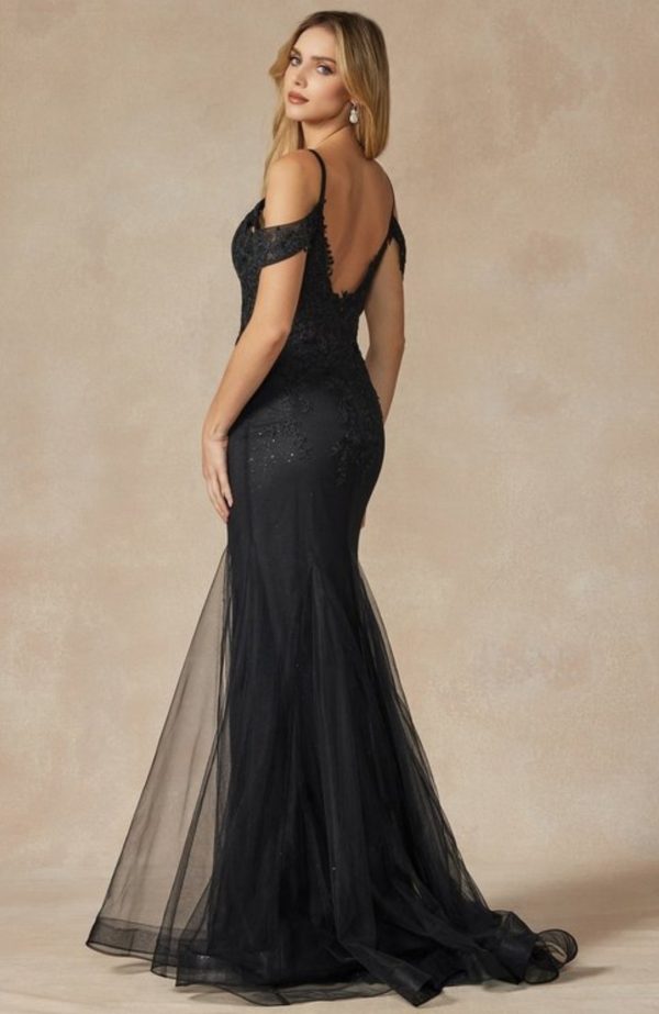 LONG FULLY MESH GOWN WITH OFF THE SHOULDER SLEEVES AND MERMAID SKIRT - Image 3