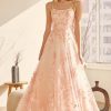 SLEEVELESS EMBROIDERED LACE A- LINE GOWN