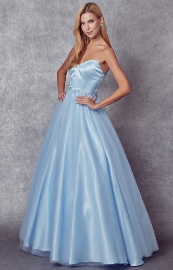 A LINE WITH BEADED BELT PROM GOWN