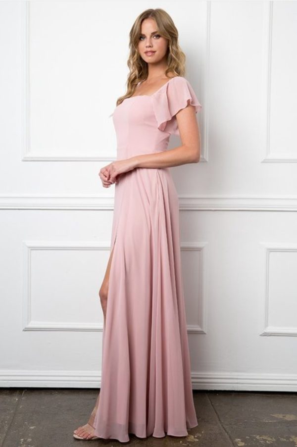 Convertible shoulder sleeve chiffon gown with front slit - Image 2