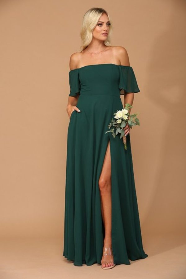 Convertible shoulder sleeve chiffon gown with front slit - Image 4