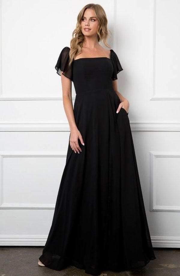 Convertible shoulder sleeve chiffon gown with front slit - Image 5