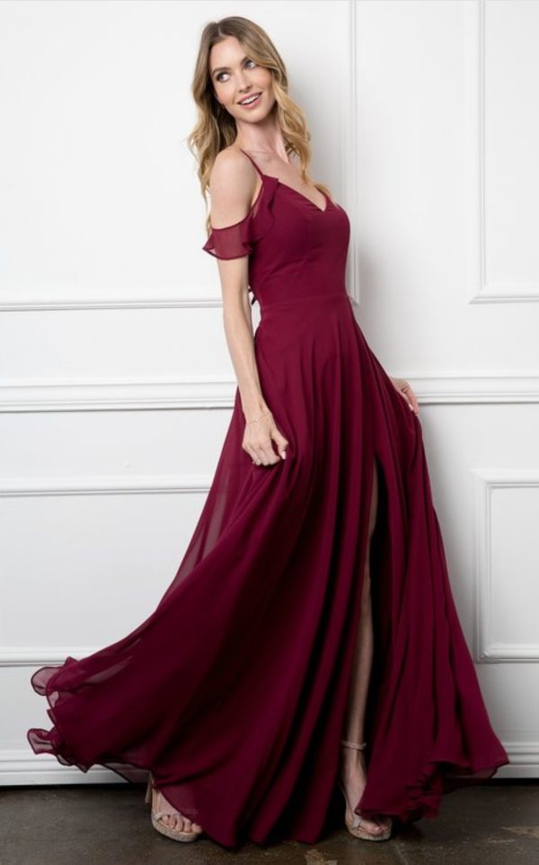 Flutter sleeve chiffon gown with front slit and pockets - Image 5