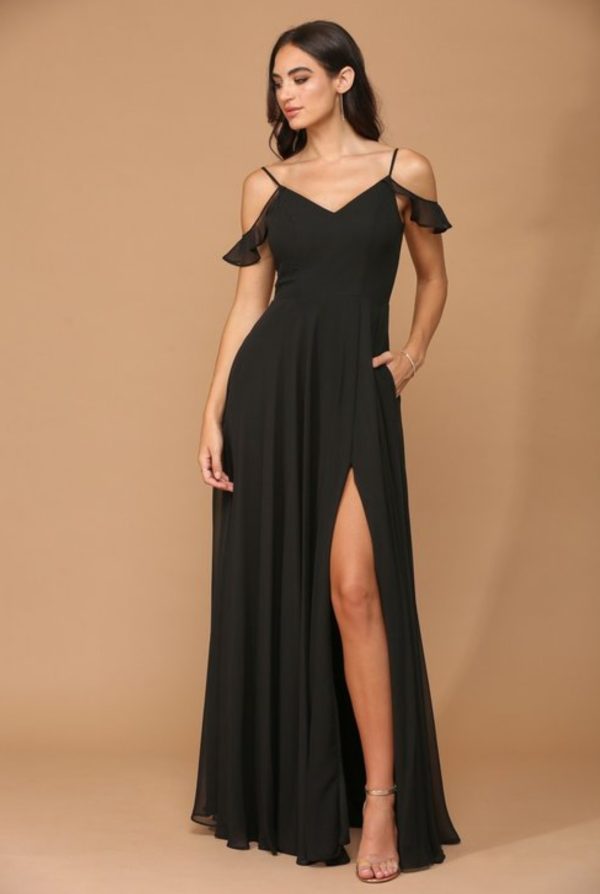 Flutter sleeve chiffon gown with front slit and pockets - Image 4