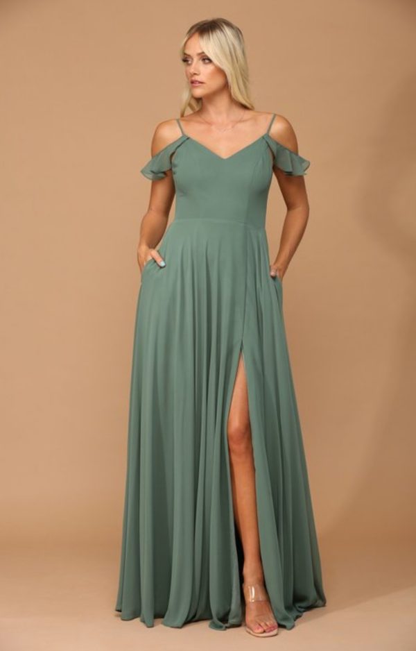 Flutter sleeve chiffon gown with front slit and pockets - Image 3