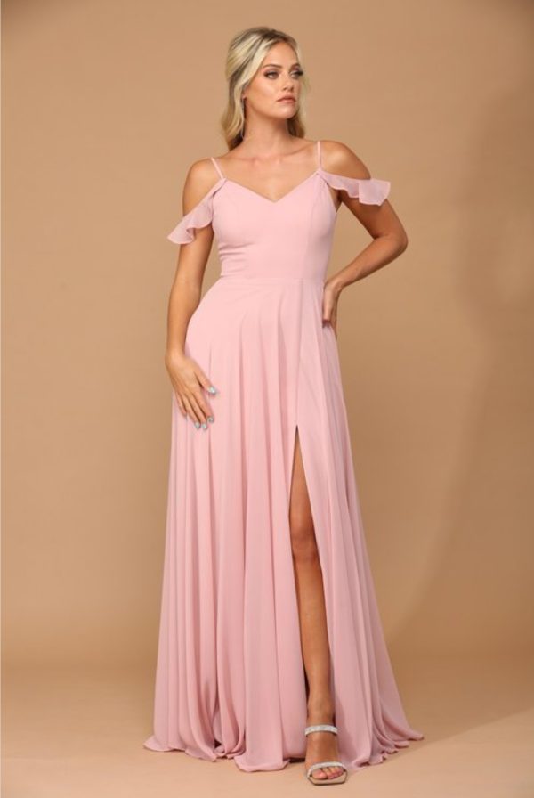 Flutter sleeve chiffon gown with front slit and pockets - Image 2