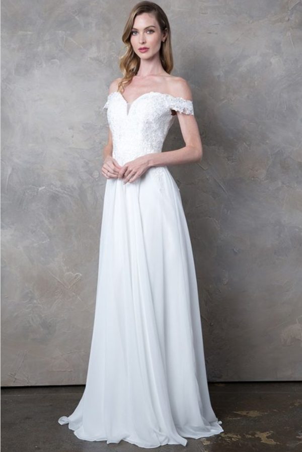 Off shoulder lace and chiffon monochrome dress with corset back - Image 2