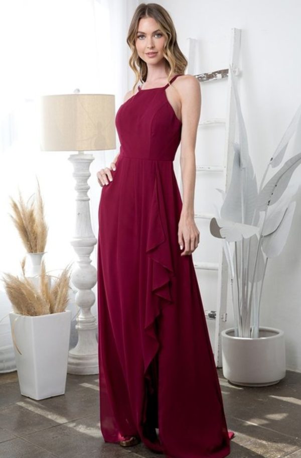 Halter neckline chiffon gown with ruffle details and front slit - Image 6