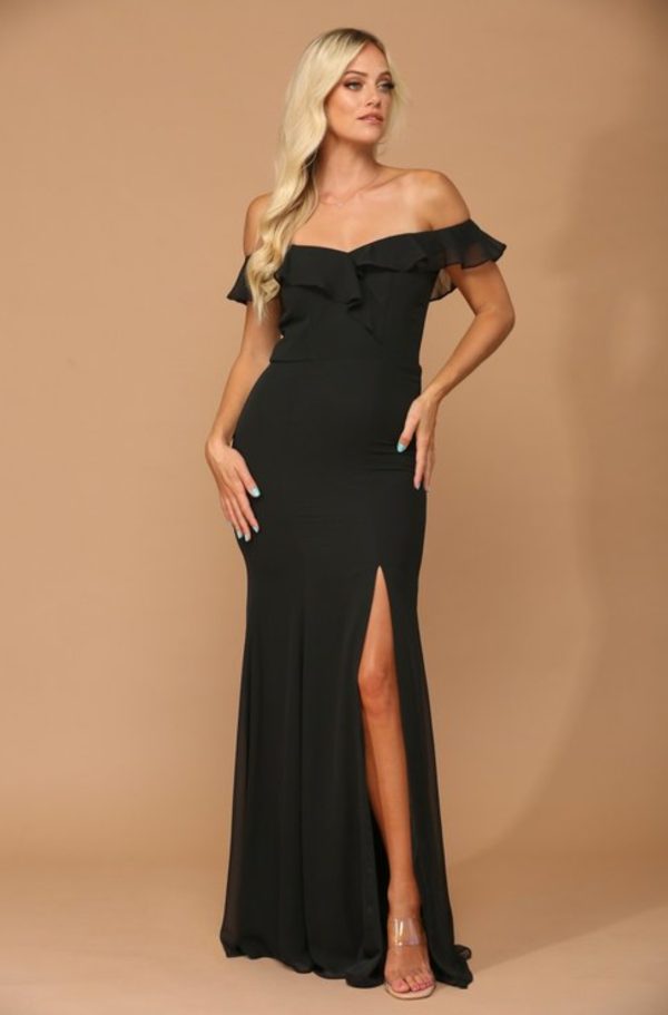 Chiffon gown with ruffled off shoulder details and front slit - Image 10