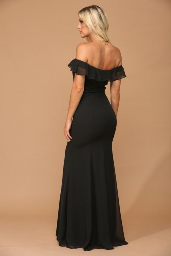 Chiffon gown with ruffled off shoulder details and front slit - Image 9