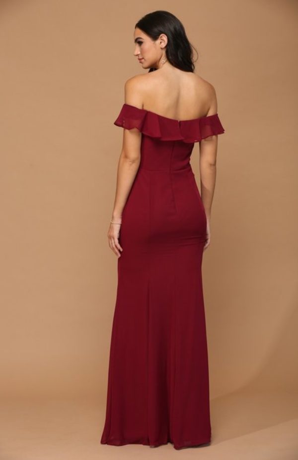 Chiffon gown with ruffled off shoulder details and front slit - Image 8