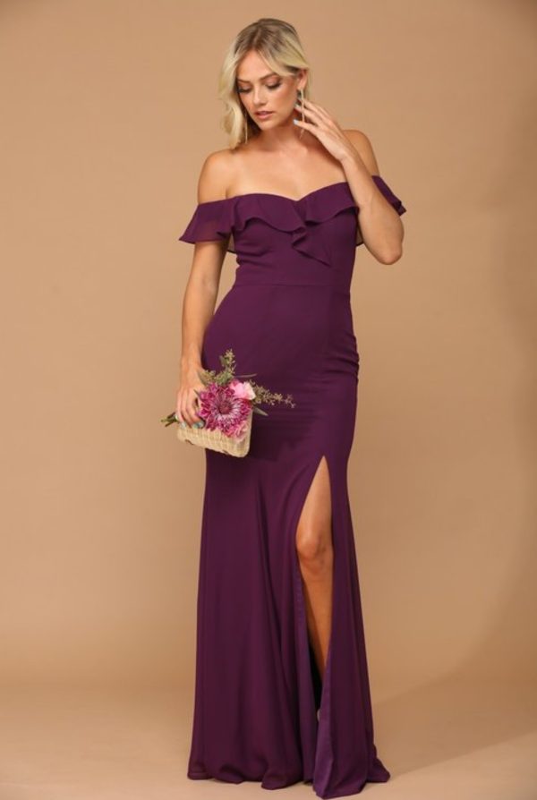 Chiffon gown with ruffled off shoulder details and front slit - Image 6
