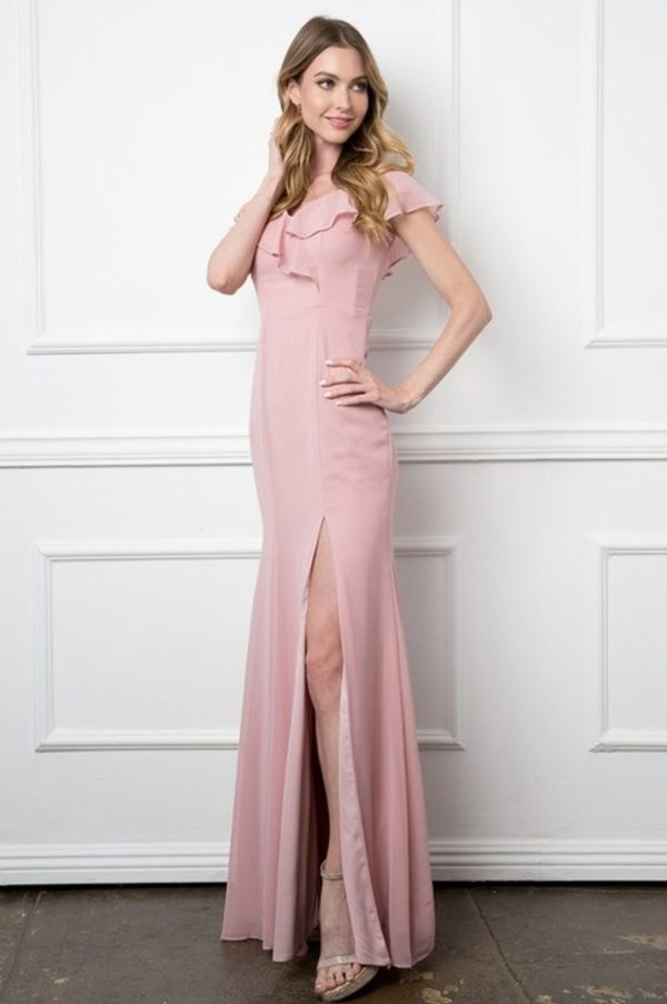 Chiffon gown with ruffled off shoulder details and front slit - Image 3