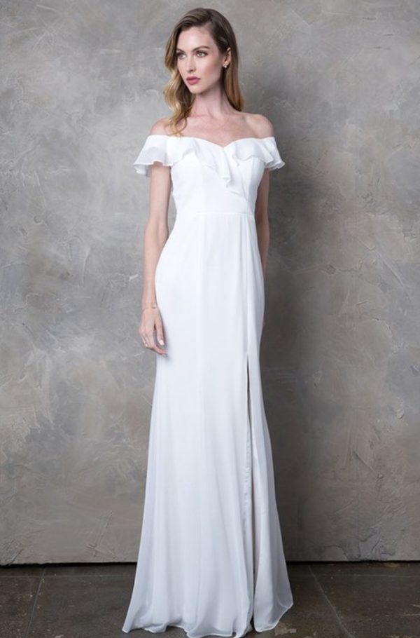 Chiffon gown with ruffled off shoulder details and front slit - Image 2