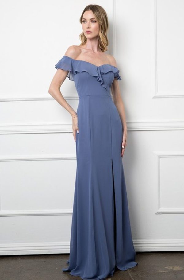 Chiffon gown with ruffled off shoulder details and front slit