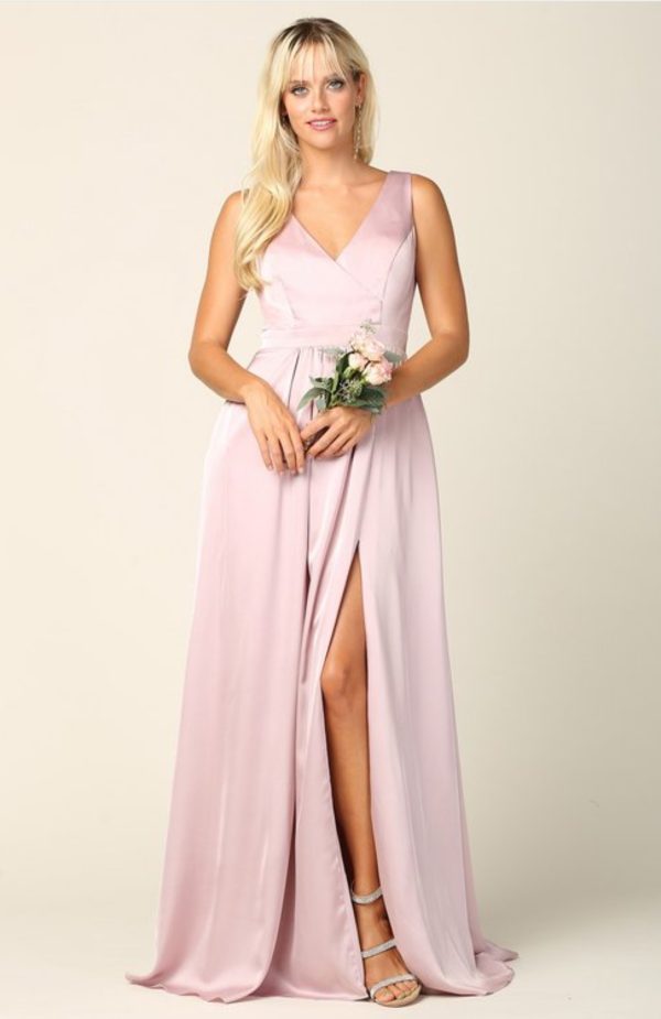 V-neck sleeveless satin chiffon dress with front slit and pockets - Image 4