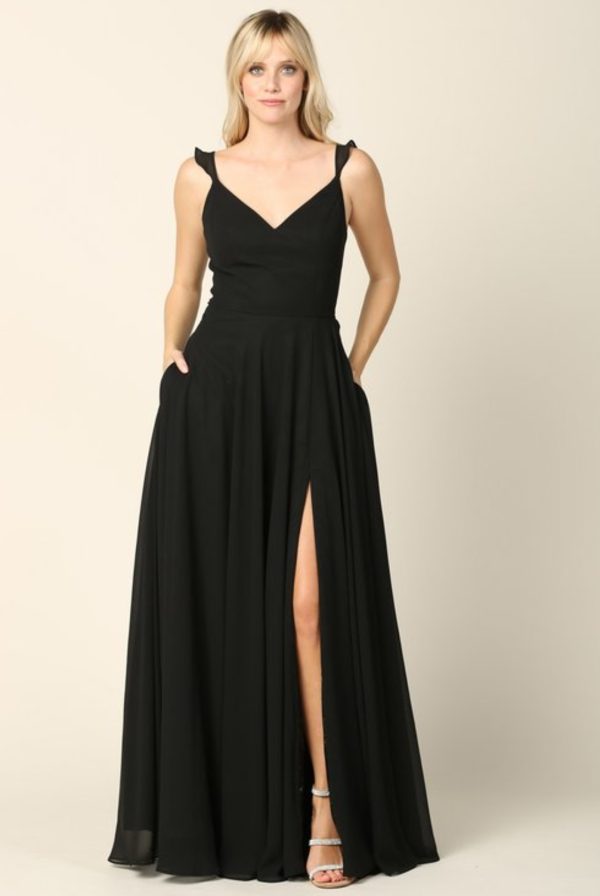 Sleeveless chiffon a-line gown with ruffled chiffon straps, front slit, and pockets - Image 8