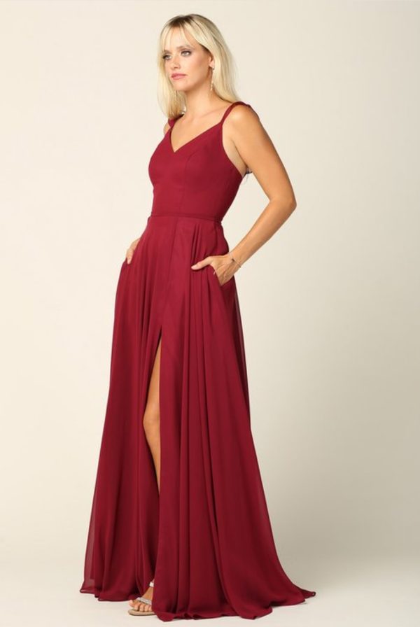 Sleeveless chiffon a-line gown with ruffled chiffon straps, front slit, and pockets - Image 7