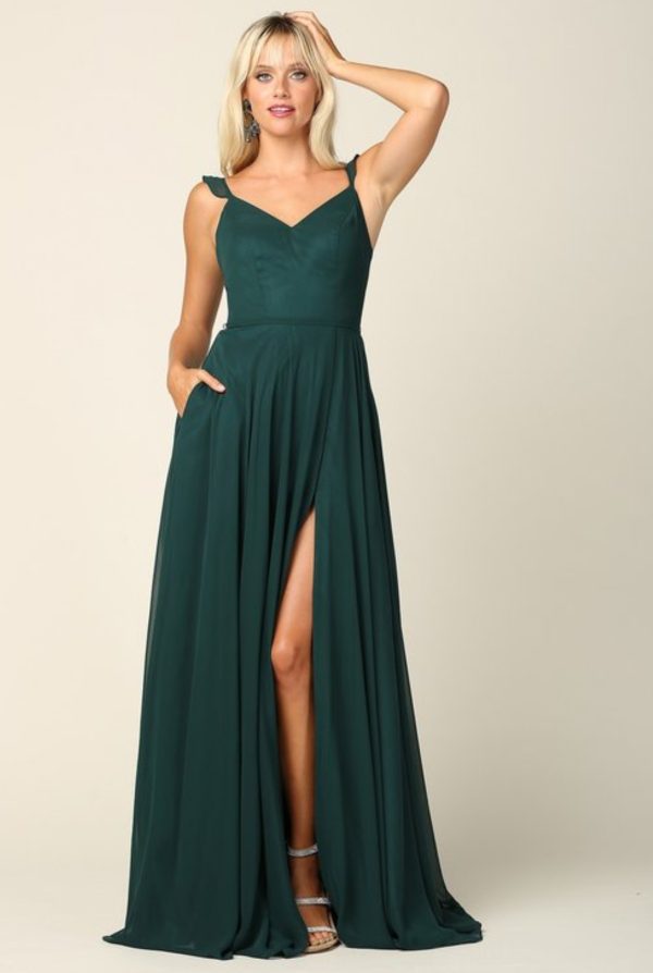 Sleeveless chiffon a-line gown with ruffled chiffon straps, front slit, and pockets - Image 6