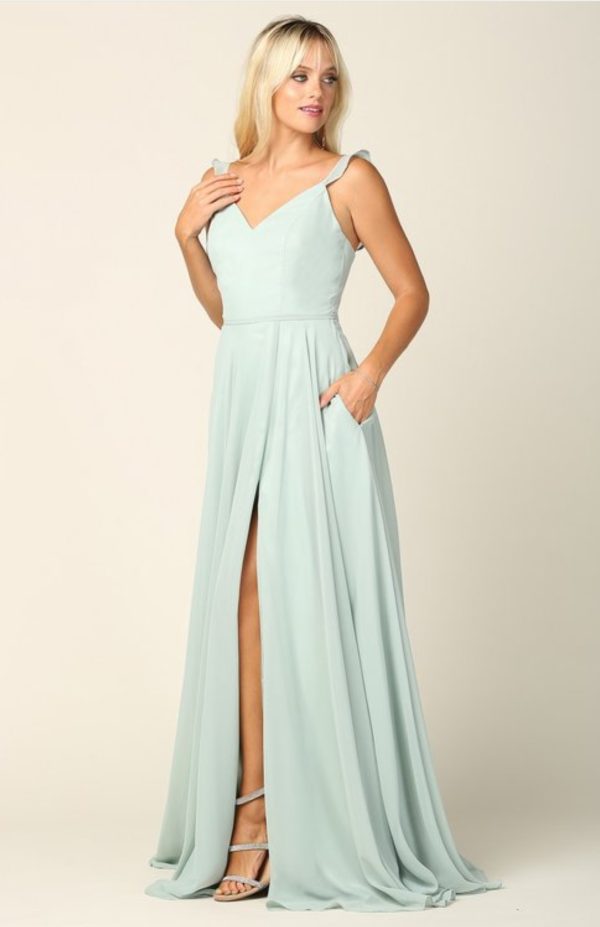 Sleeveless chiffon a-line gown with ruffled chiffon straps, front slit, and pockets