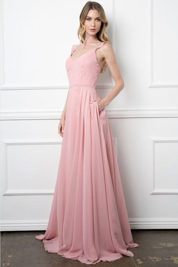 Sleeveless chiffon a-line gown with ruffled chiffon straps, front slit, and pockets - Image 3