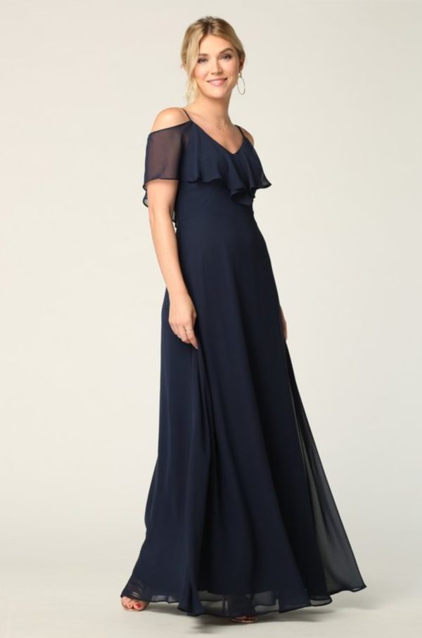 Solid floor length cold shoulder style chiffon bridesmaid dress - Image 2