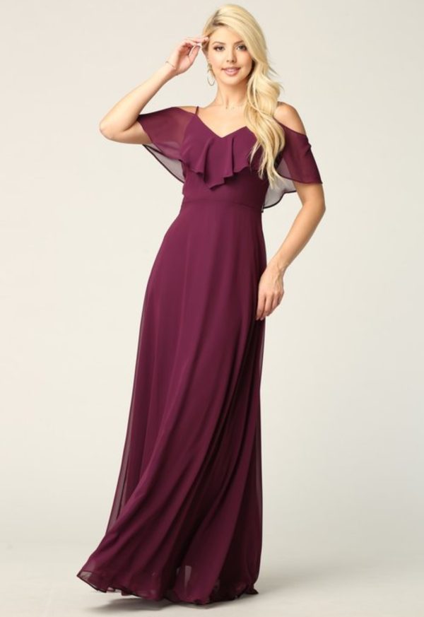 Solid floor length cold shoulder style chiffon bridesmaid dress - Image 4