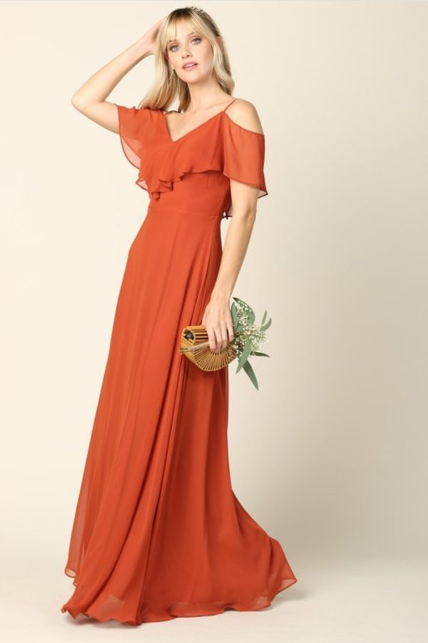 Solid floor length cold shoulder style chiffon bridesmaid dress