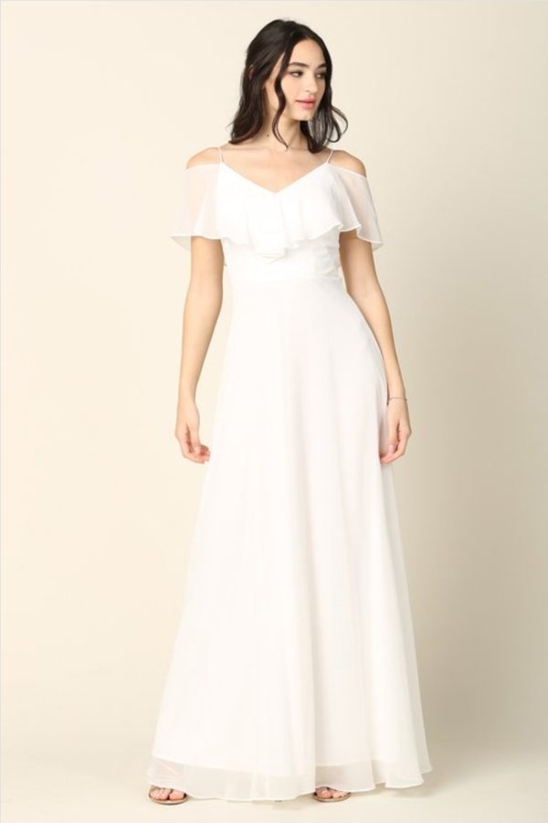 Solid floor length cold shoulder style chiffon bridesmaid dress - Image 5