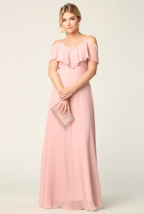 Solid floor length cold shoulder style chiffon bridesmaid dress - Image 7
