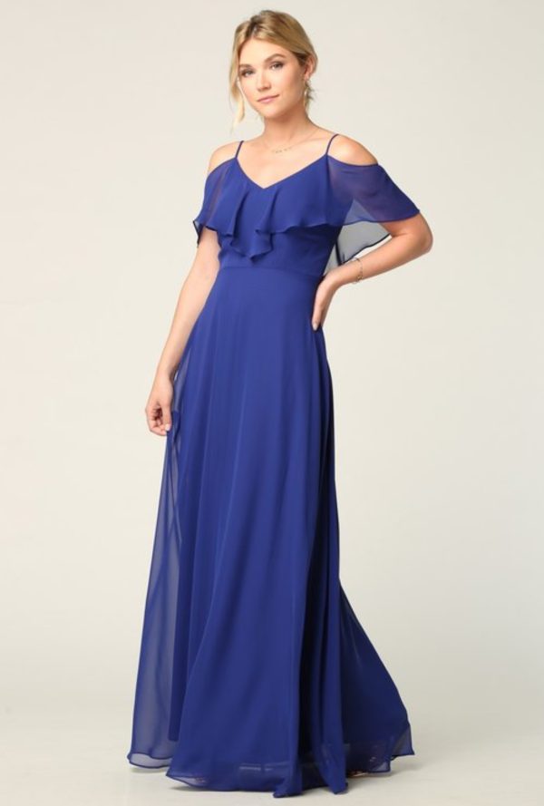 Solid floor length cold shoulder style chiffon bridesmaid dress - Image 8