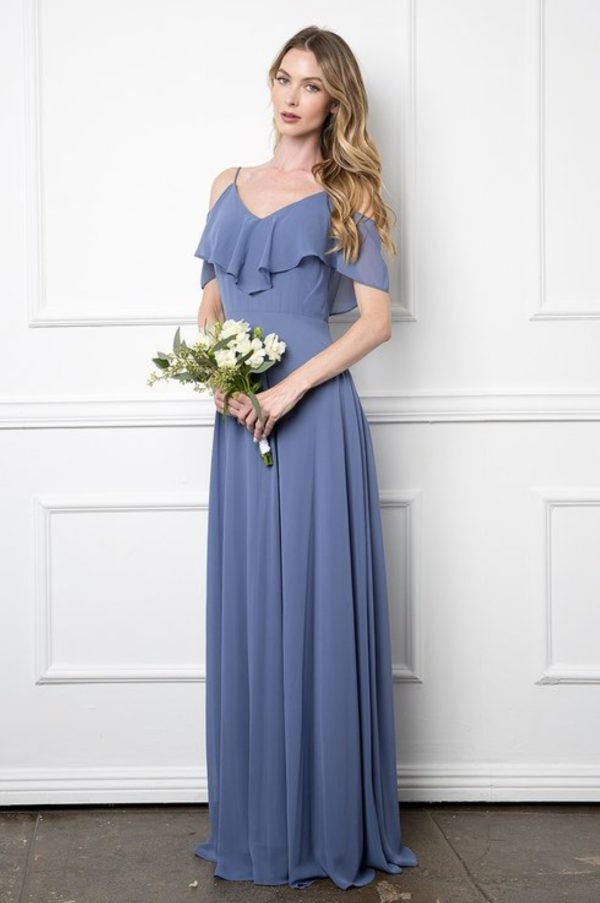 Solid floor length cold shoulder style chiffon bridesmaid dress - Image 9