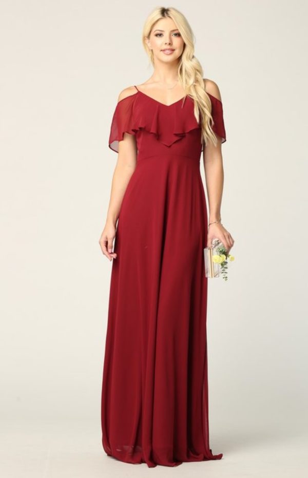Solid floor length cold shoulder style chiffon bridesmaid dress - Image 10