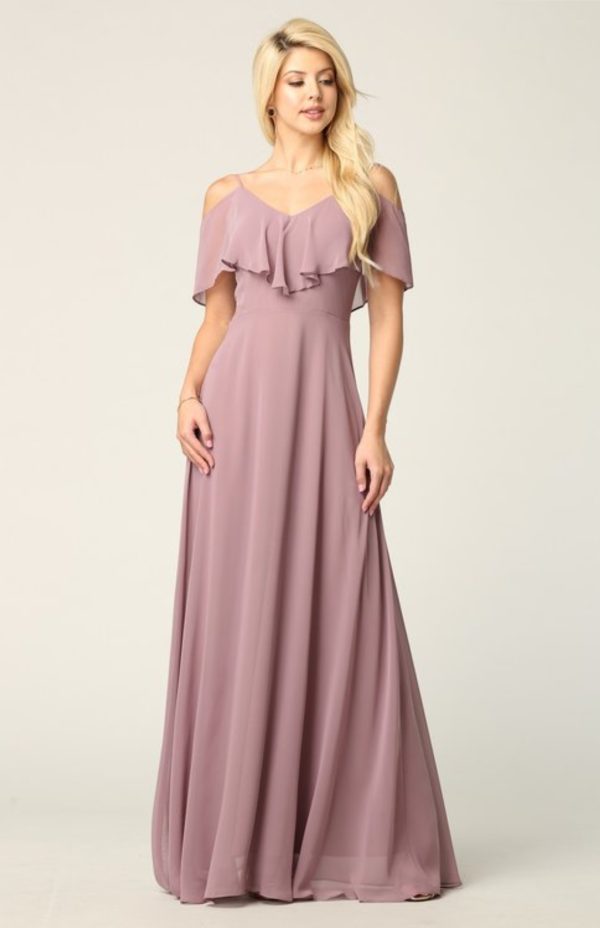Solid floor length cold shoulder style chiffon bridesmaid dress - Image 12