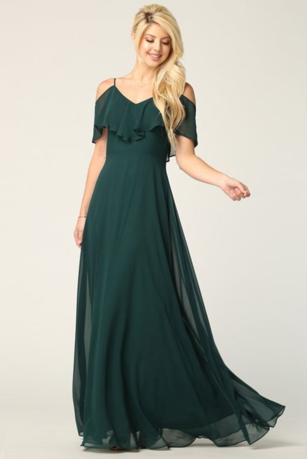 Solid floor length cold shoulder style chiffon bridesmaid dress - Image 13