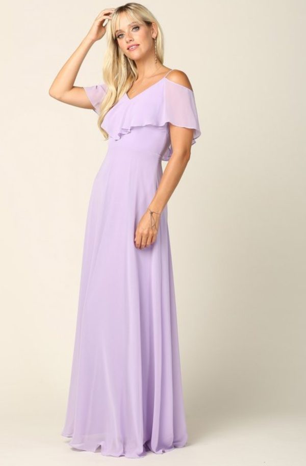 Solid floor length cold shoulder style chiffon bridesmaid dress - Image 15