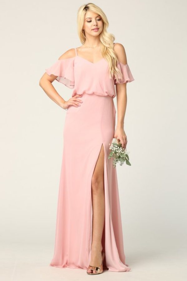 Chiffon column gown with blouson bodice, cold shoulder ruffle sleeves and front slit - Image 2