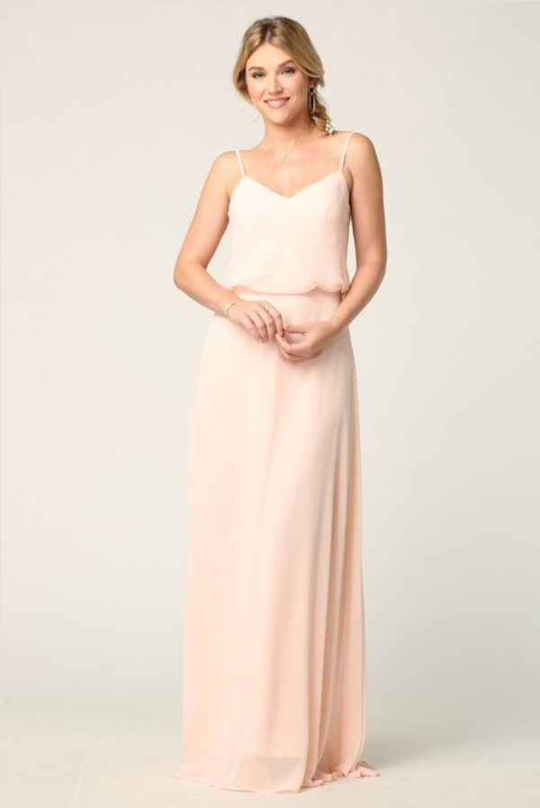 Blouson top, solid chiffon floor length gown with a-line skirt