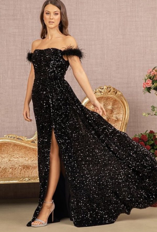 Feather Sequin Velvet Mermaid Dress w/ Velvet Side Waist Layer