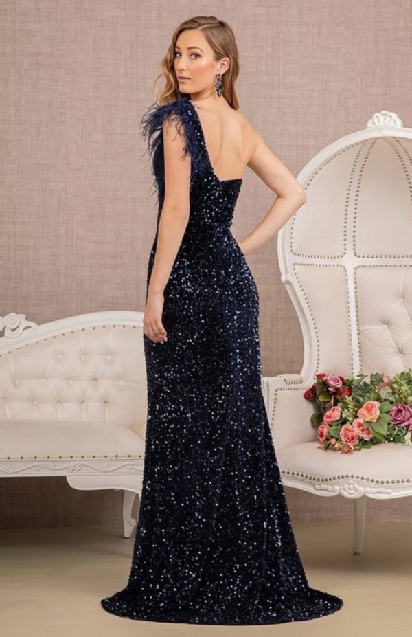 Asymmetric Sleeveless Feather Sequin Velvet Mermaid Dress - Image 2