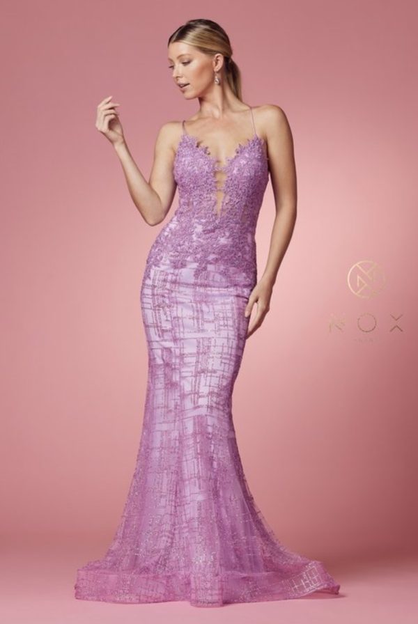 GLITTERYDEEP V-NECK BODICE WITH FLOOR LENGTH TRUMPET SKIRT DRESS - Image 2