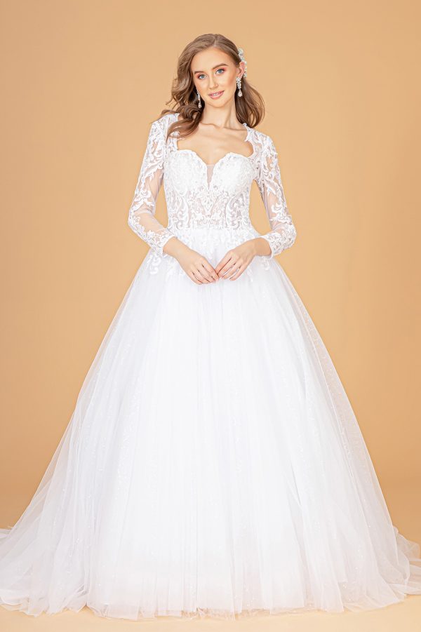 GL1804 GLS by Gloria Illusion V-Neck Embroidered Mesh Wedding Gown w/ Sequin Lining